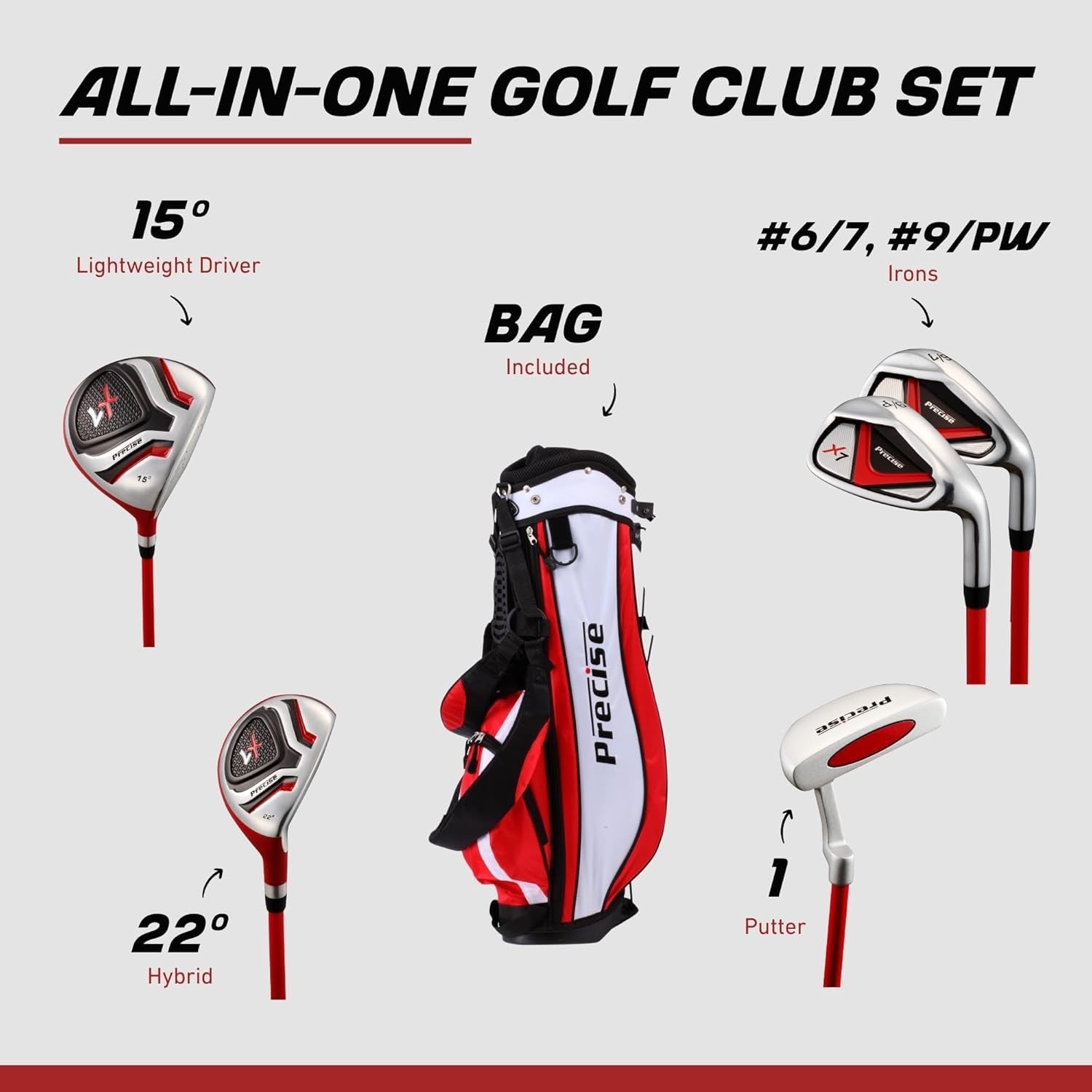 Kids Junior Golf Club Set Ages 6–8 Right Hand Graphite Stand Bag Red