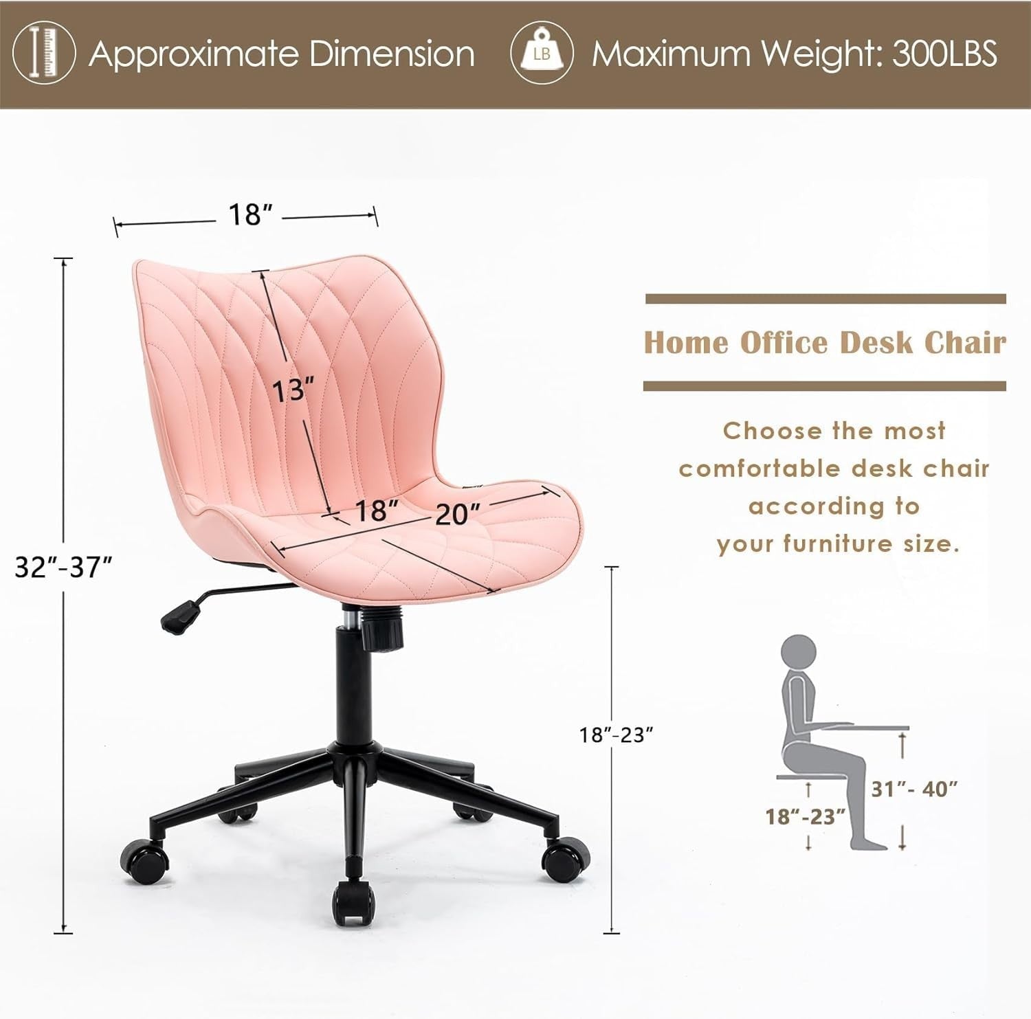Pink Armless Swivel Office Desk Chair Ergonomic Faux Leather Adjustable Rocking