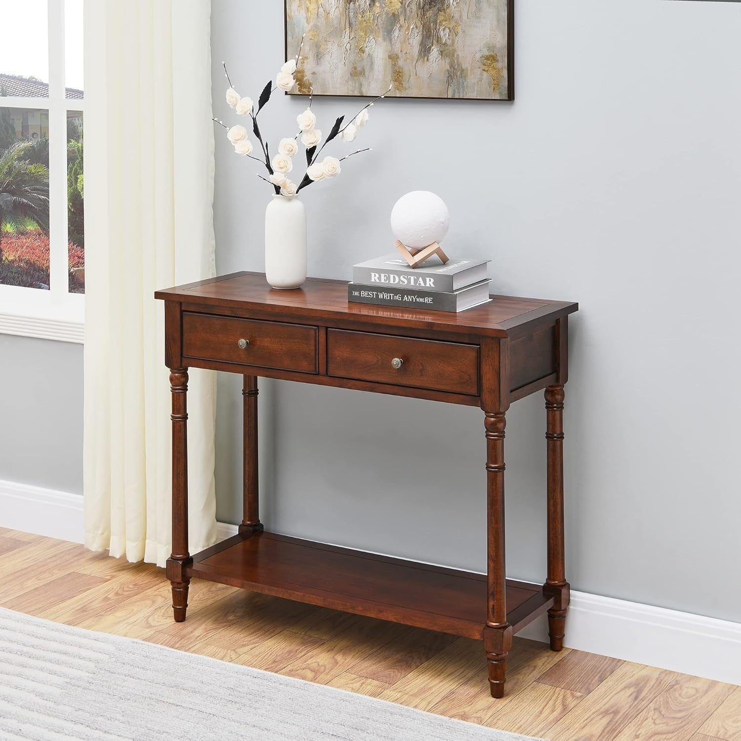 Wood Console Table with 2 Drawers & Shelf, 90x76.5cm, Sturdy Storage