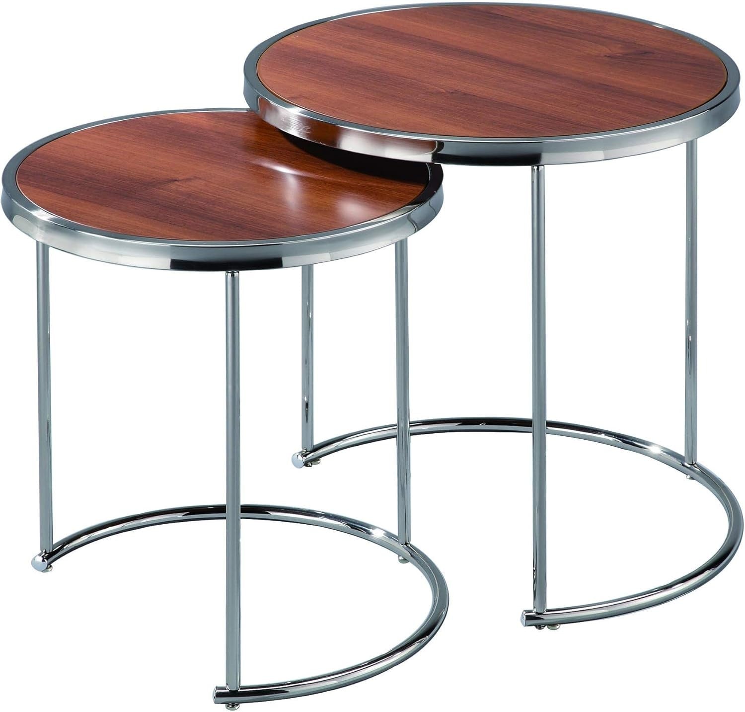 2pc Round Nesting Coffee Table Set Wood Top Chrome Metal Base Modern Living Room