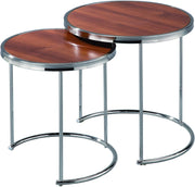 2pc Round Nesting Coffee Table Set Wood Top Chrome Metal Base Modern Living Room
