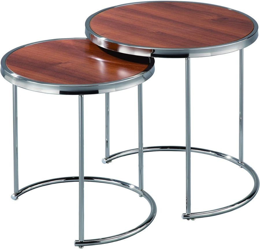 2pc Round Nesting Coffee Table Set Wood Top Chrome Metal Base Modern Living Room