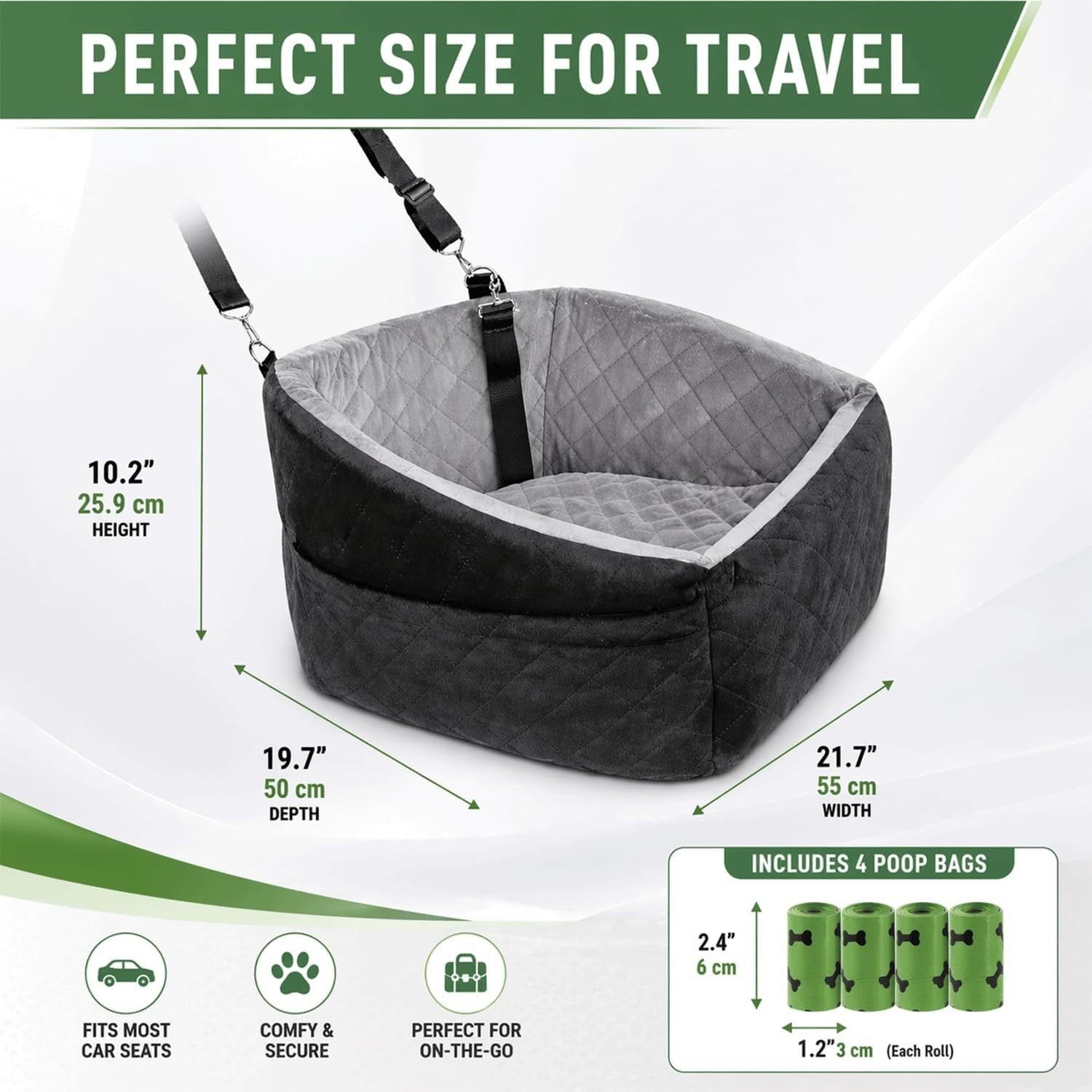 Dog Car Seat Booster Bed Memory Foam Travel Carrier Safety Leash 50cm