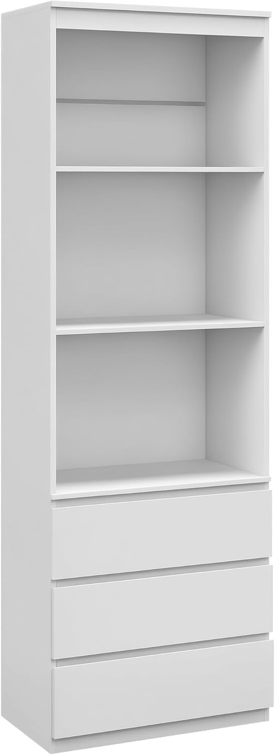 Tall White 180cm Bookcase with Drawers Modern Slim Storage Shelf Display Unit
