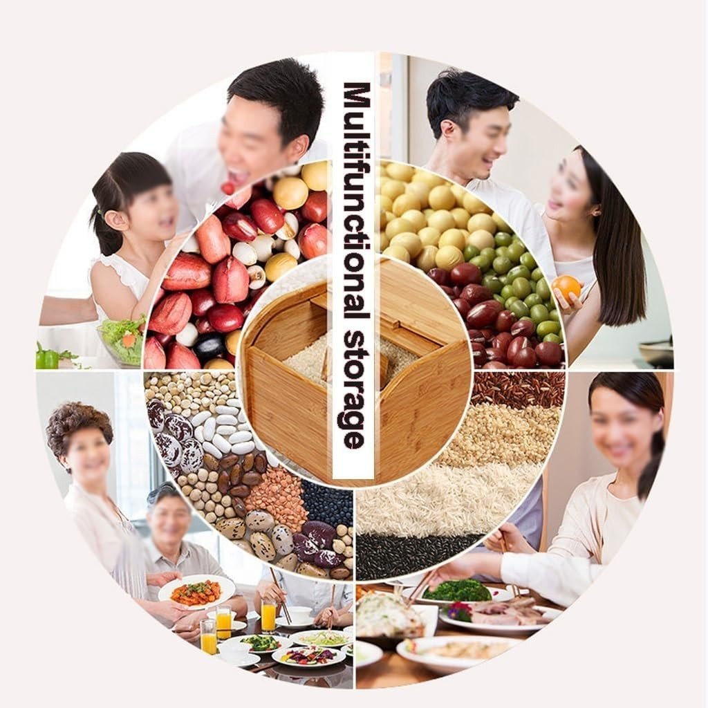 10KG Bamboo Rice Dispenser Wooden Storage Box w Measuring Cup - Kwikley
