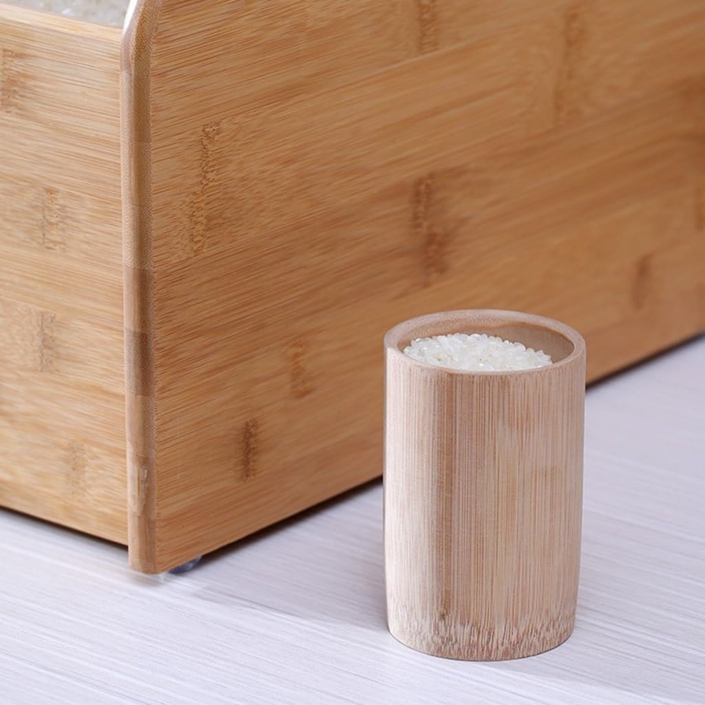 10KG Bamboo Rice Dispenser Wooden Storage Box w Measuring Cup - Kwikley