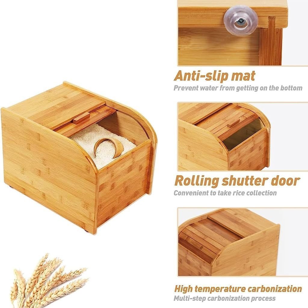 10KG Bamboo Rice Dispenser Wooden Storage Box w Measuring Cup - Kwikley