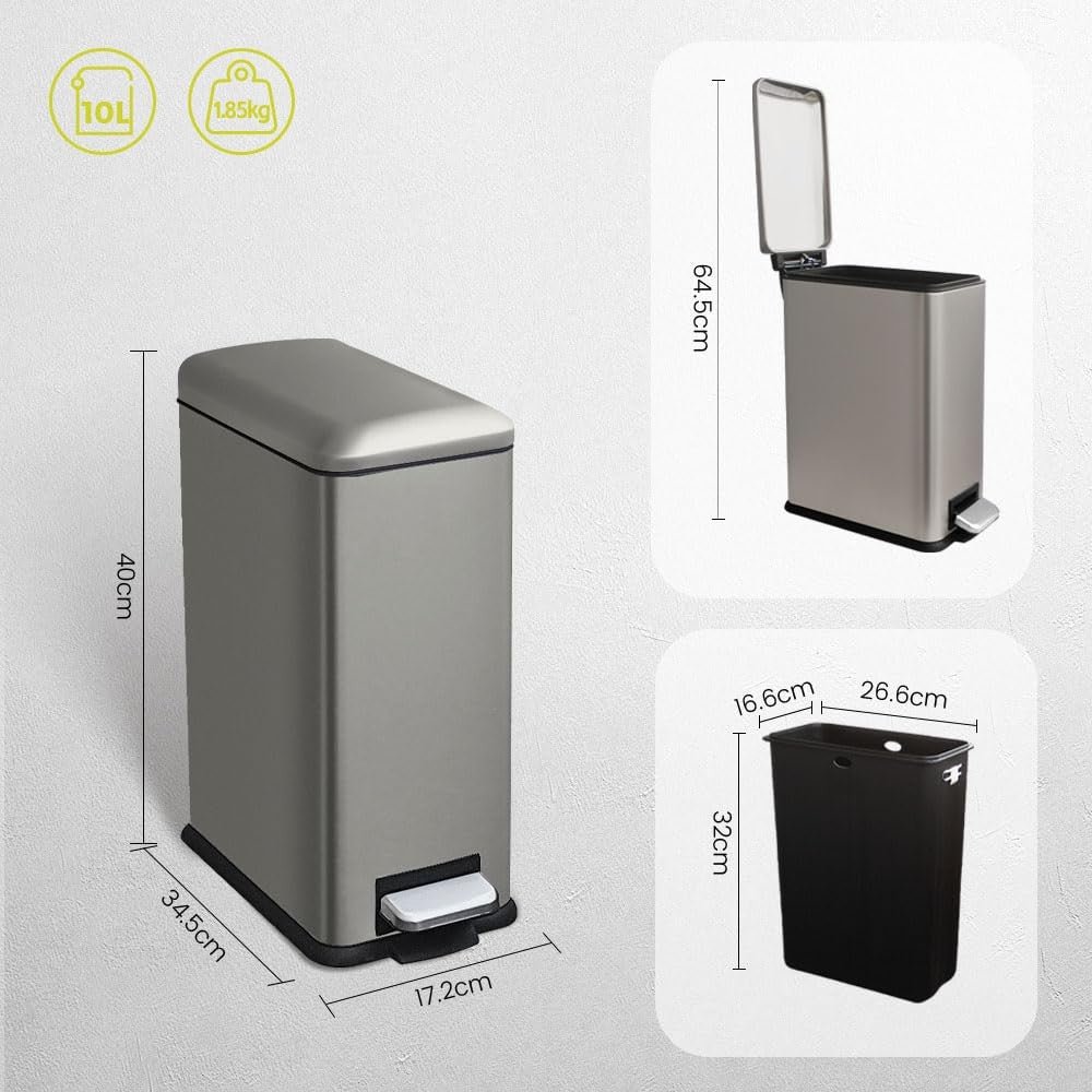 10L Bathroom Pedal Bin Soft Close Stainless Steel Grey - Kwikley