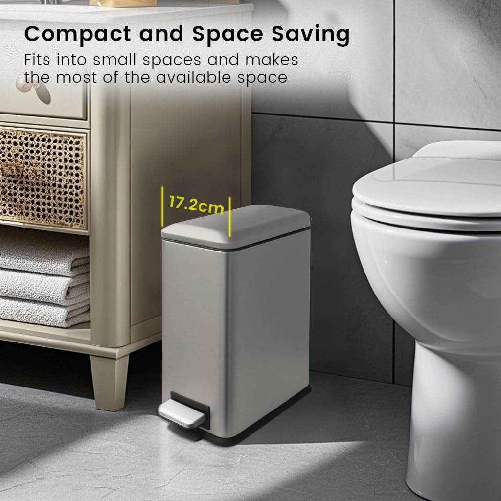 10L Bathroom Pedal Bin Soft Close Stainless Steel Grey - Kwikley