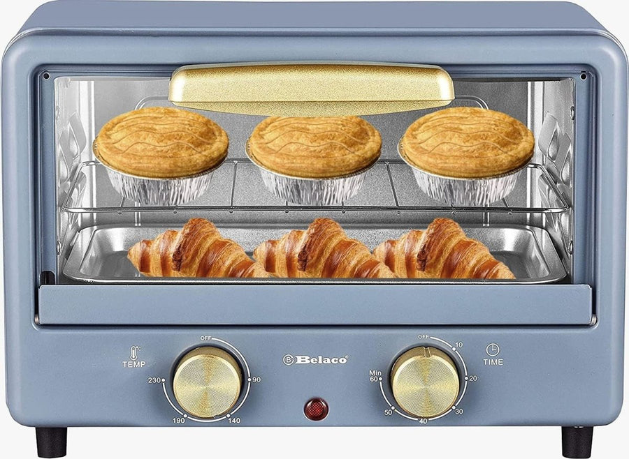 10L Mini Toaster Oven Tabletop Retro Grill Bake 750W Blue Gold Compact - Kwikley