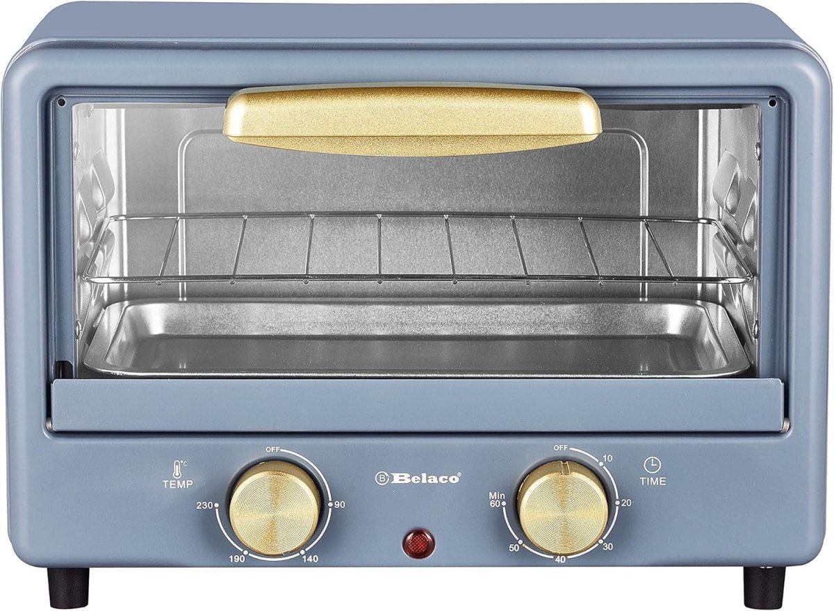 10L Mini Toaster Oven Tabletop Retro Grill Bake 750W Blue Gold Compact - Kwikley