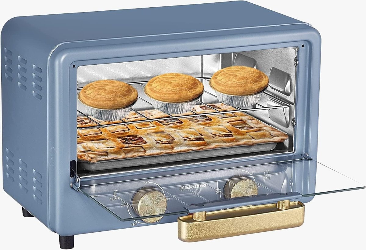10L Mini Toaster Oven Tabletop Retro Grill Bake 750W Blue Gold Compact - Kwikley