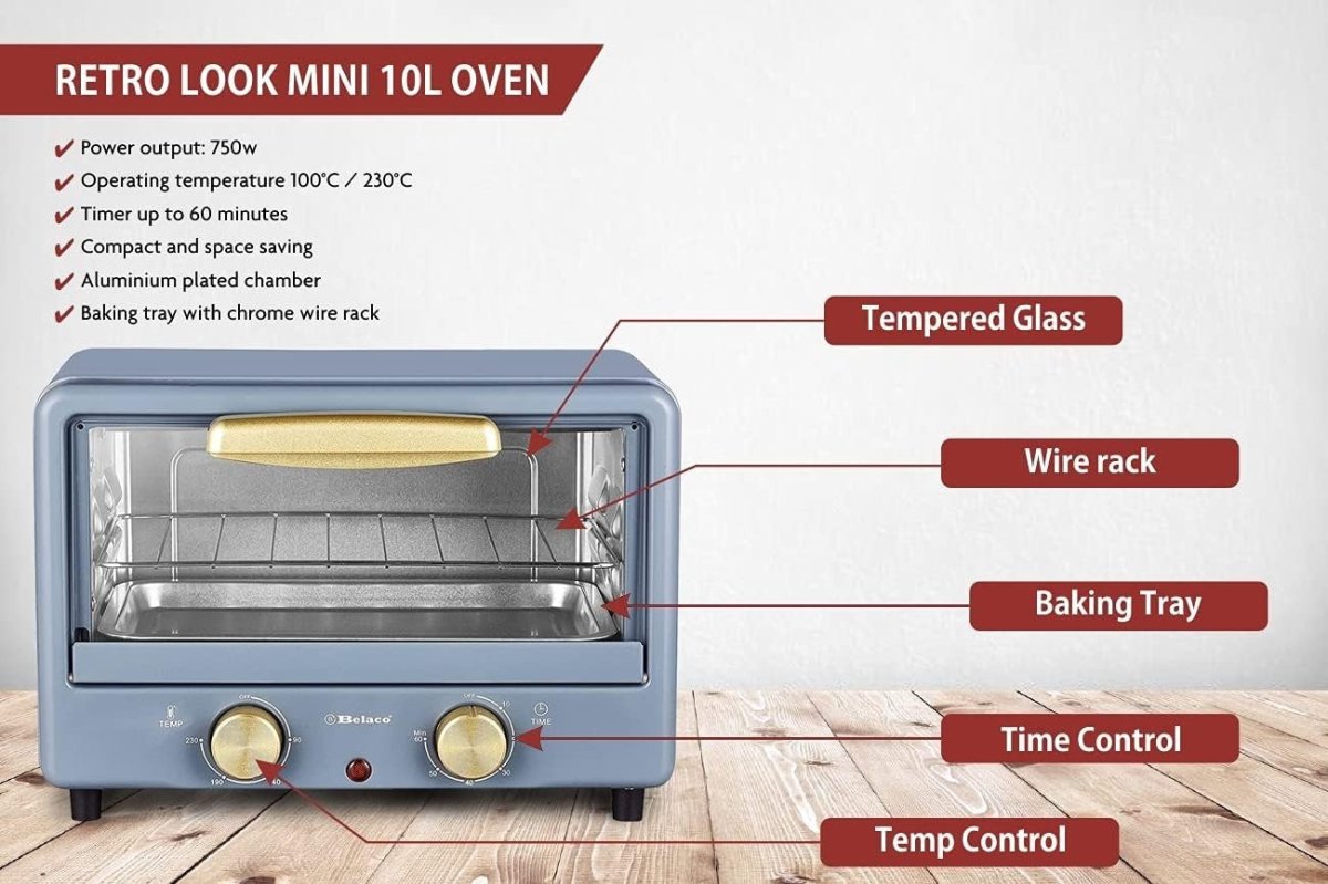 10L Mini Toaster Oven Tabletop Retro Grill Bake 750W Blue Gold Compact - Kwikley