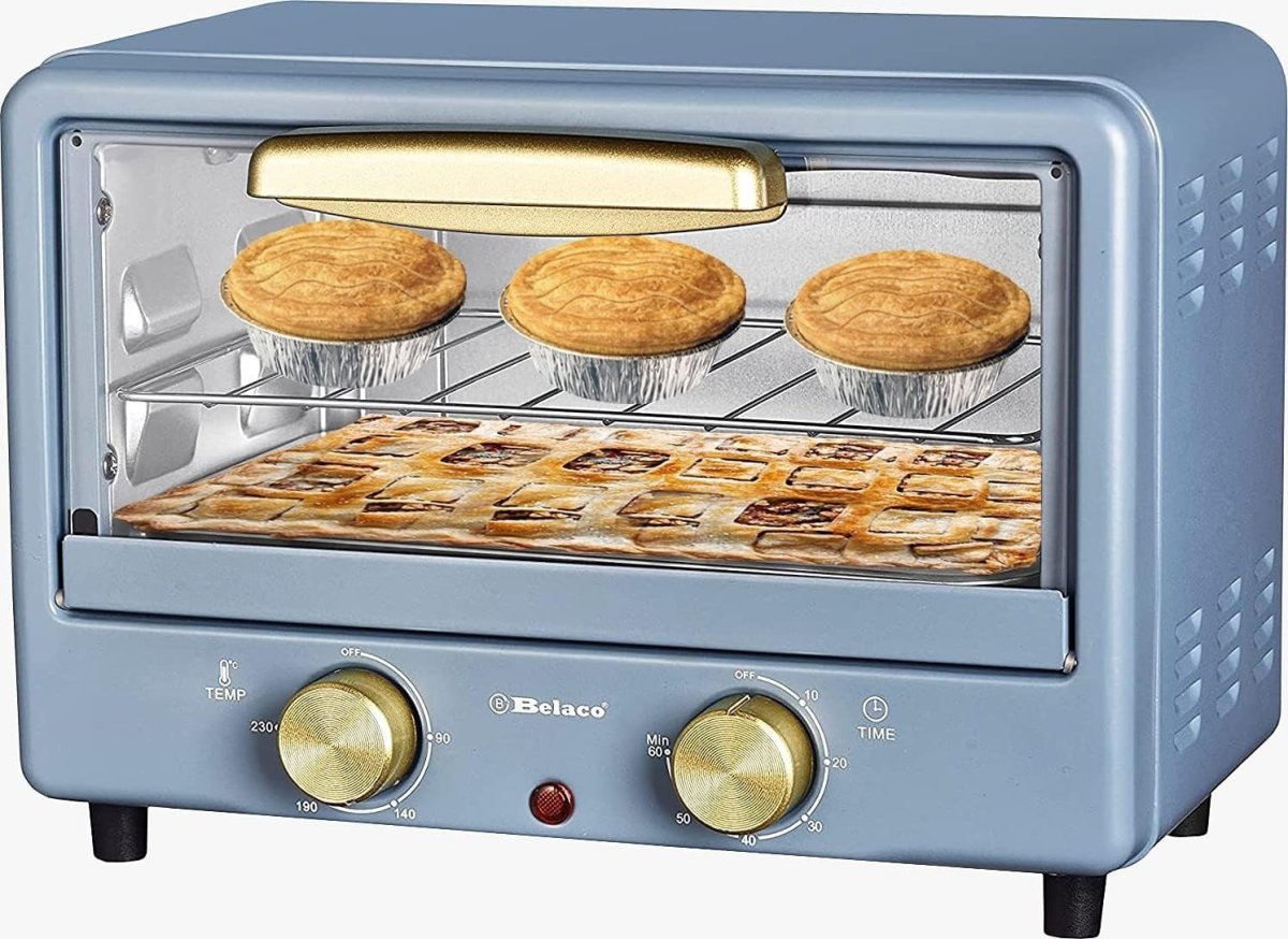 10L Mini Toaster Oven Tabletop Retro Grill Bake 750W Blue Gold Compact - Kwikley