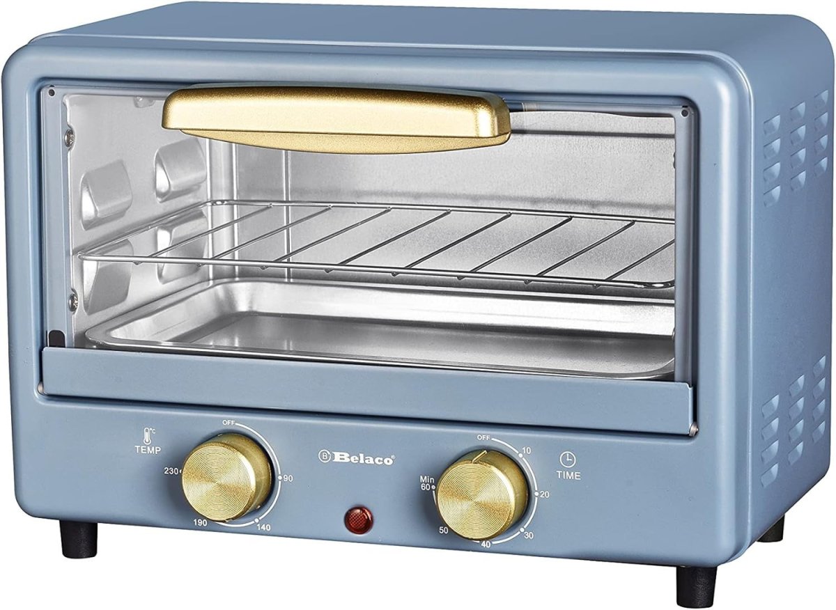 10L Mini Toaster Oven Tabletop Retro Grill Bake 750W Blue Gold Compact - Kwikley
