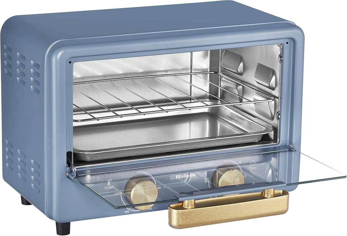 10L Mini Toaster Oven Tabletop Retro Grill Bake 750W Blue Gold Compact - Kwikley