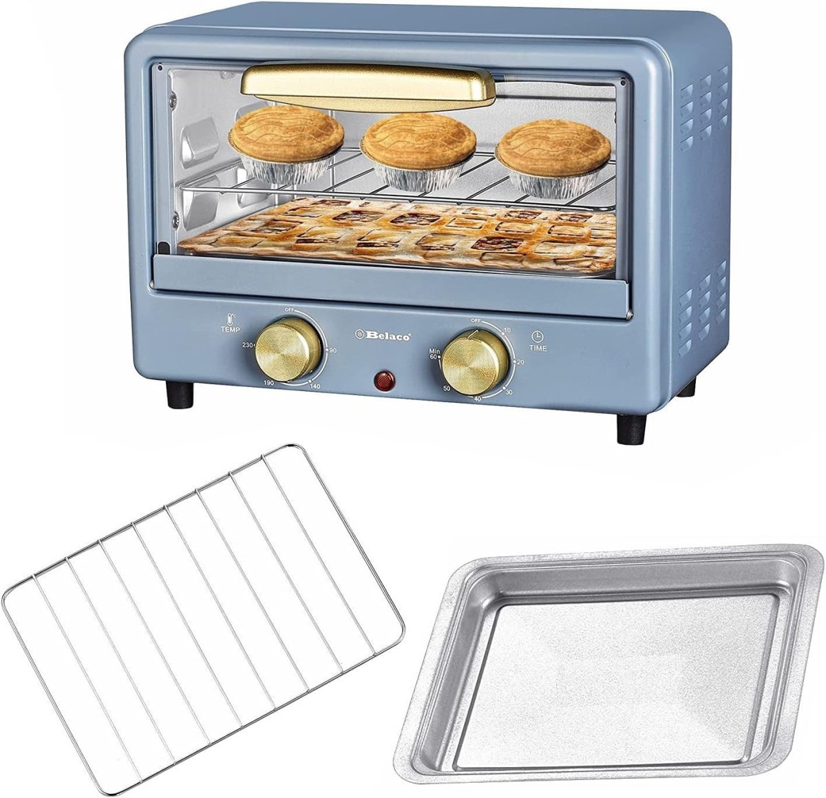 10L Mini Toaster Oven Tabletop Retro Grill Bake 750W Blue Gold Compact - Kwikley