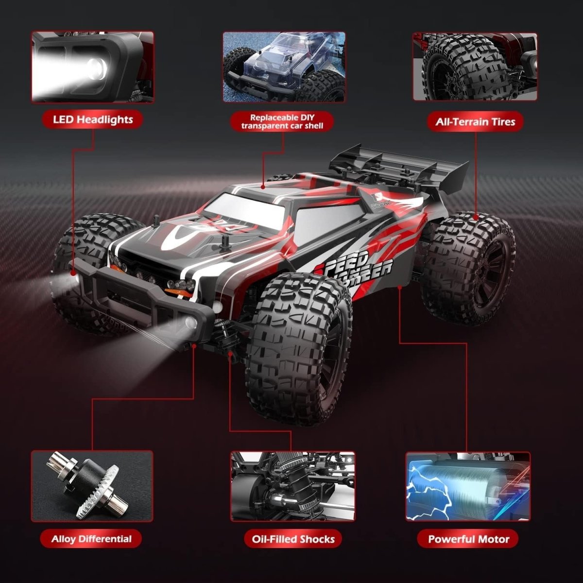 1:10 RC Truck 4WD 40+Min 48KM/H Off - Road Car w/ 2 Batteries LED Lights - Kwikley