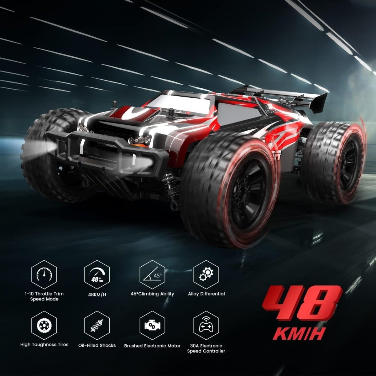 1:10 RC Truck 4WD 40+Min 48KM/H Off - Road Car w/ 2 Batteries LED Lights - Kwikley
