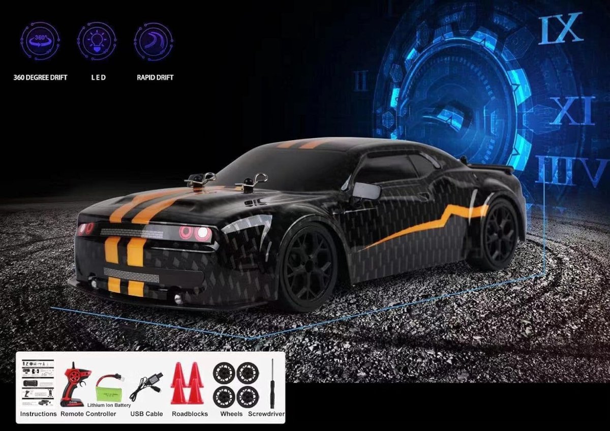1:14 4WD Fast Drift RC Car 28Km/h LED Lights 2 Batteries Kids Gift Toy - Kwikley