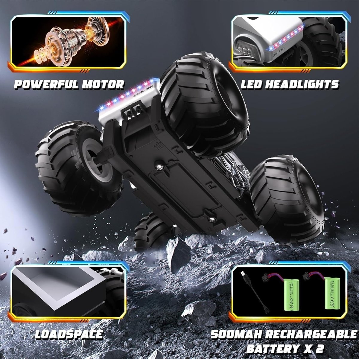 1:16 RC Car 360° Rotating 4WD LED Lights Waterproof Off - Road Remote Control Toy - Kwikley
