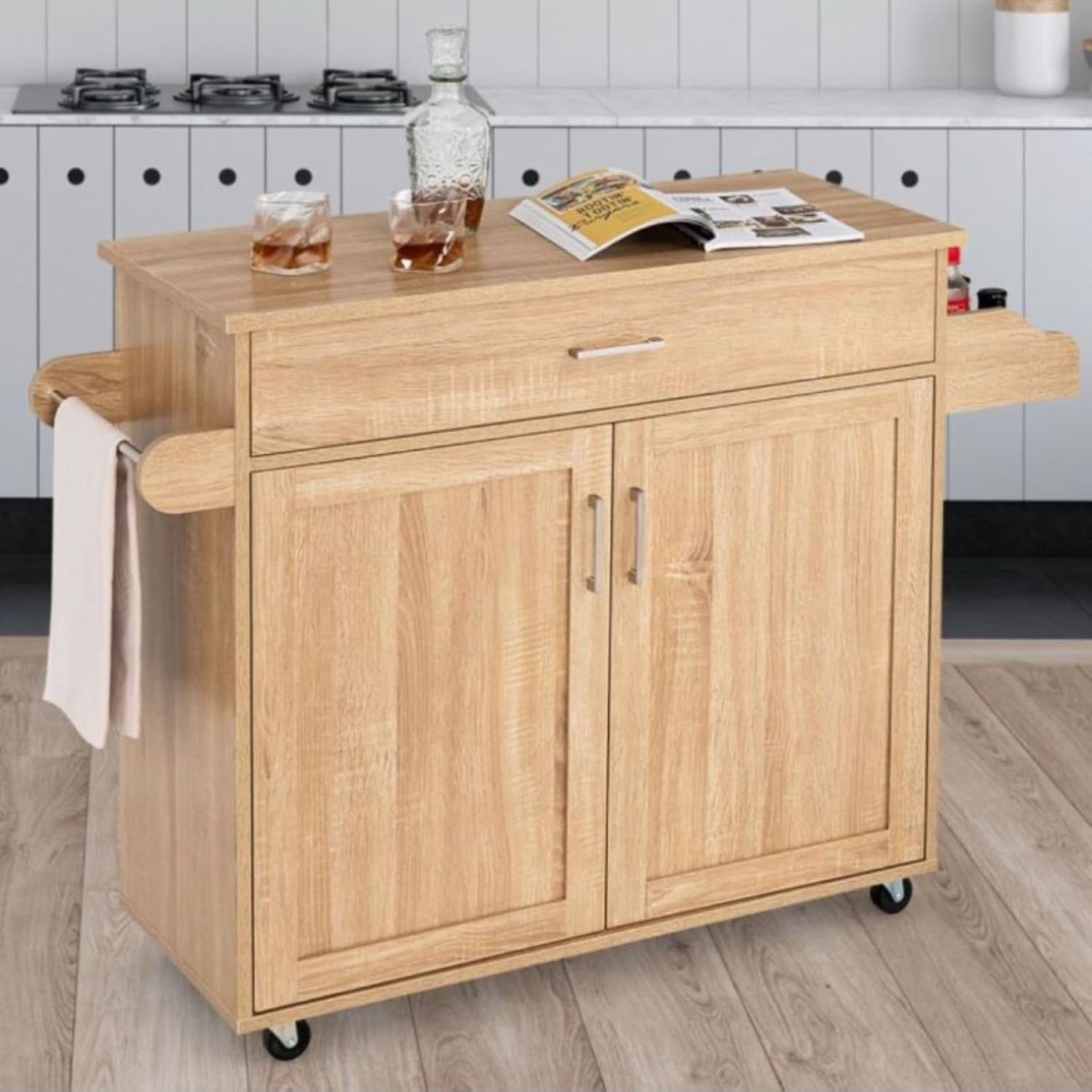 116cm Natural Kitchen Island Trolley Rolling Cabinet - Kwikley