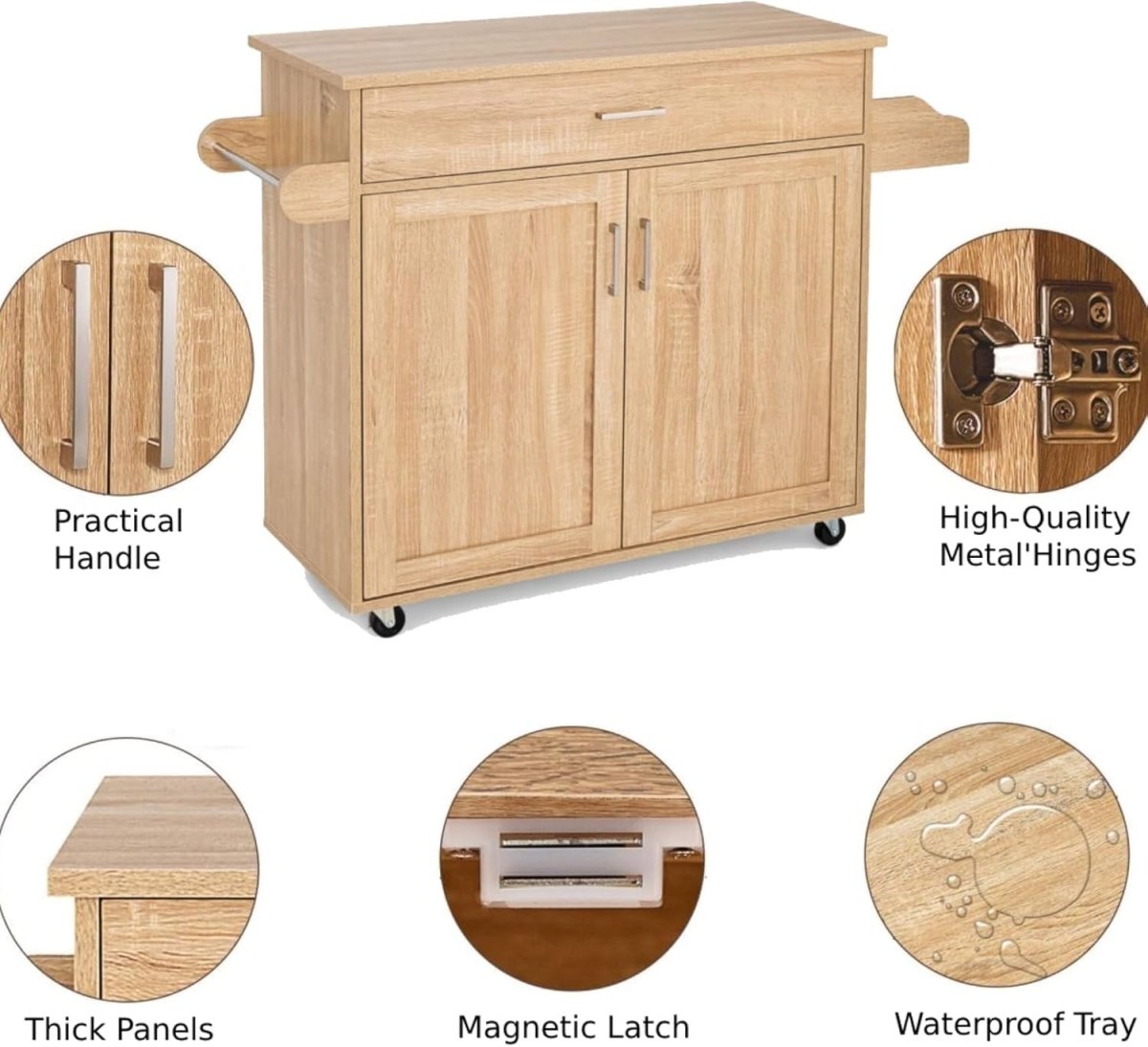 116cm Natural Kitchen Island Trolley Rolling Cabinet - Kwikley