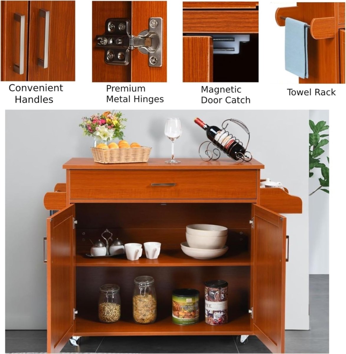 116cm Reddish Brown Kitchen Island Trolley Cart - Kwikley