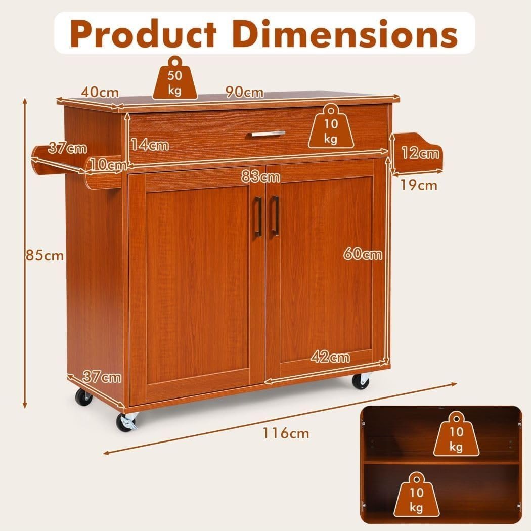 116cm Reddish Brown Kitchen Island Trolley Cart - Kwikley