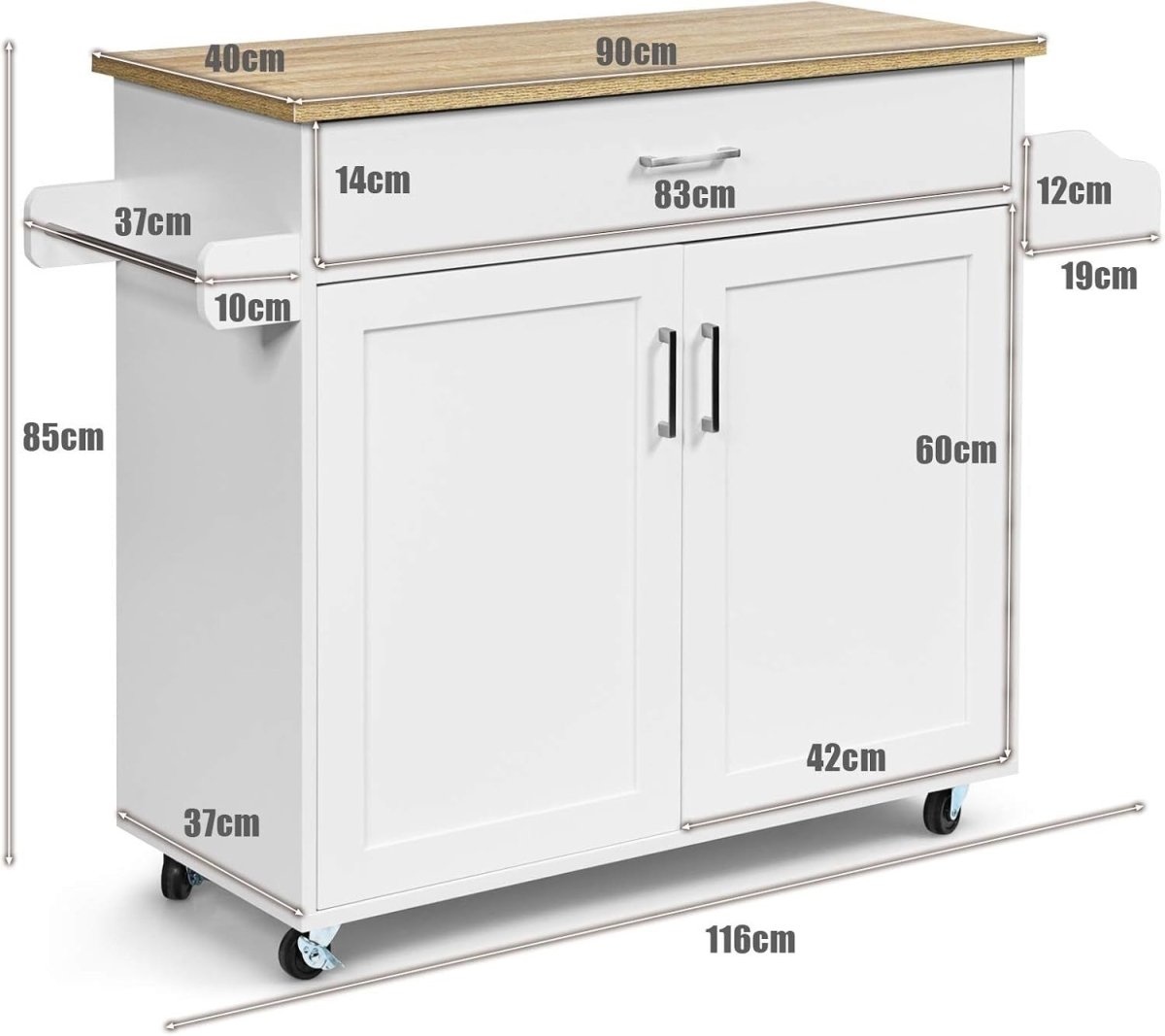 116cm White Kitchen Island Trolley Rolling Storage - Kwikley