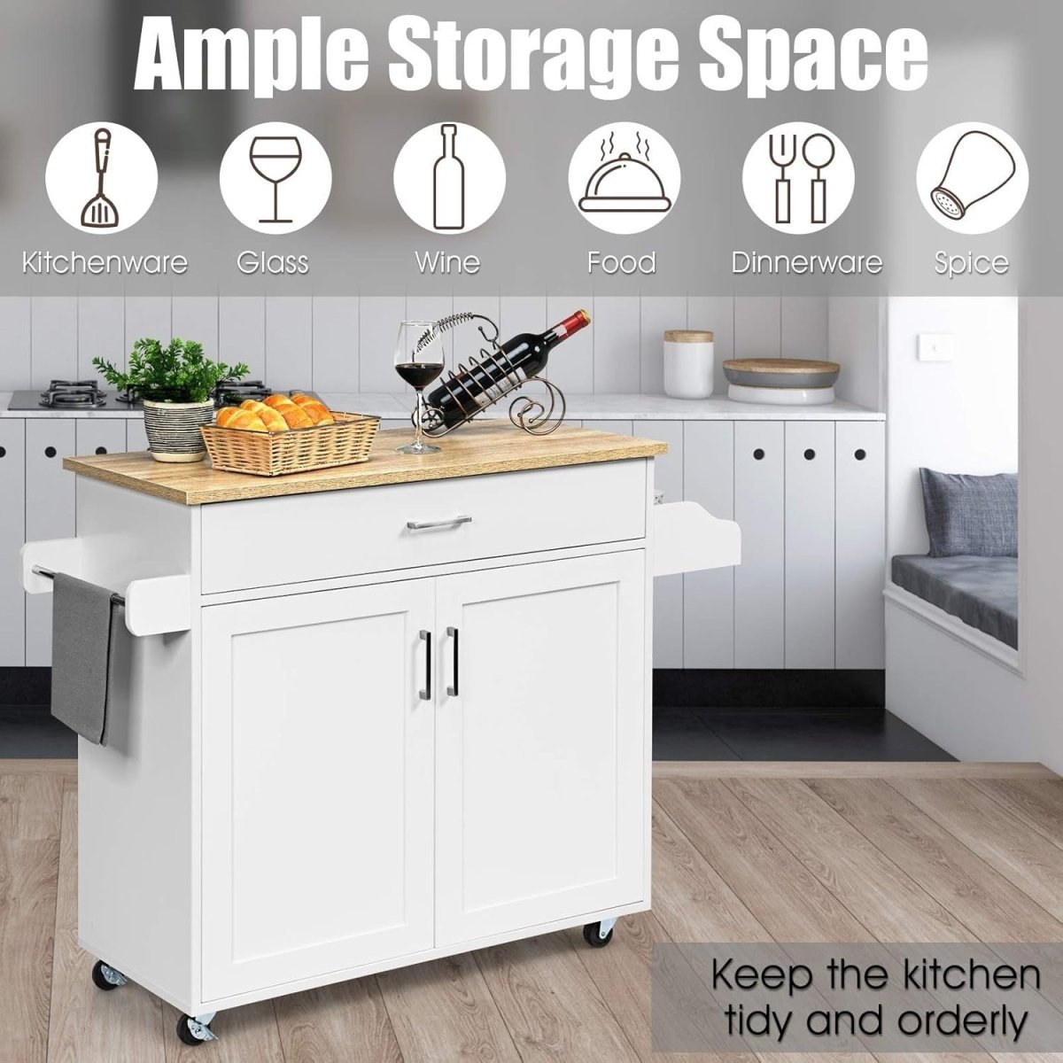 116cm White Kitchen Island Trolley Rolling Storage - Kwikley