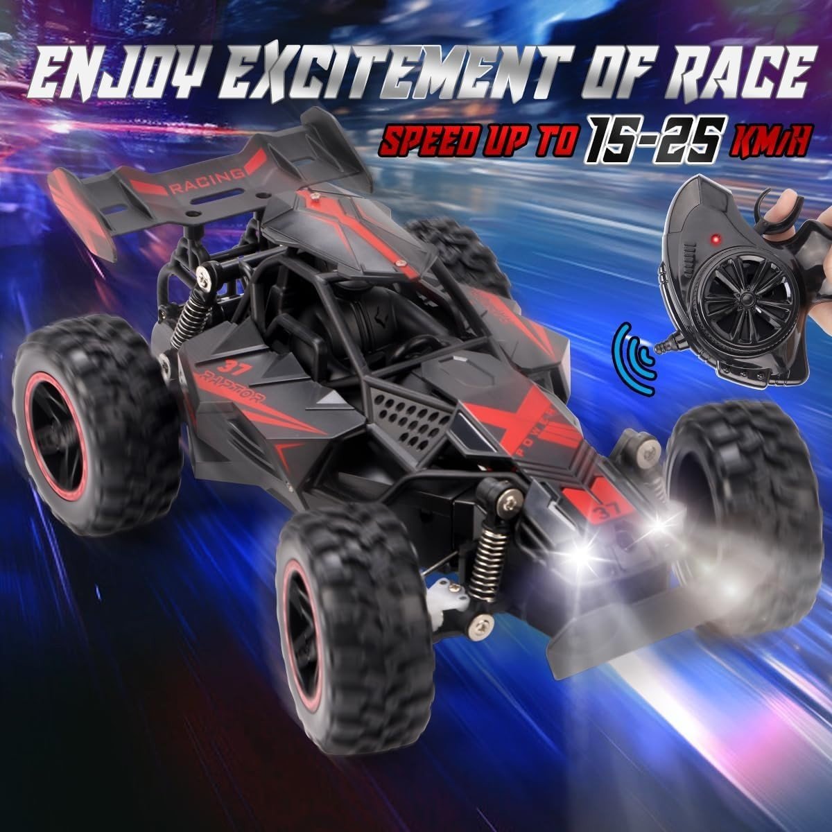 1:18 Kids RC Car 2.4GHz High Speed Off - Road Remote Control Toy with LED Lights - Kwikley