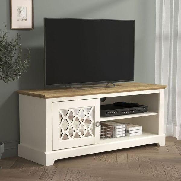 119cm TV Stand Cabinet Unit for 50" TV Storage Shelf Oak Ivory Modern - Kwikley