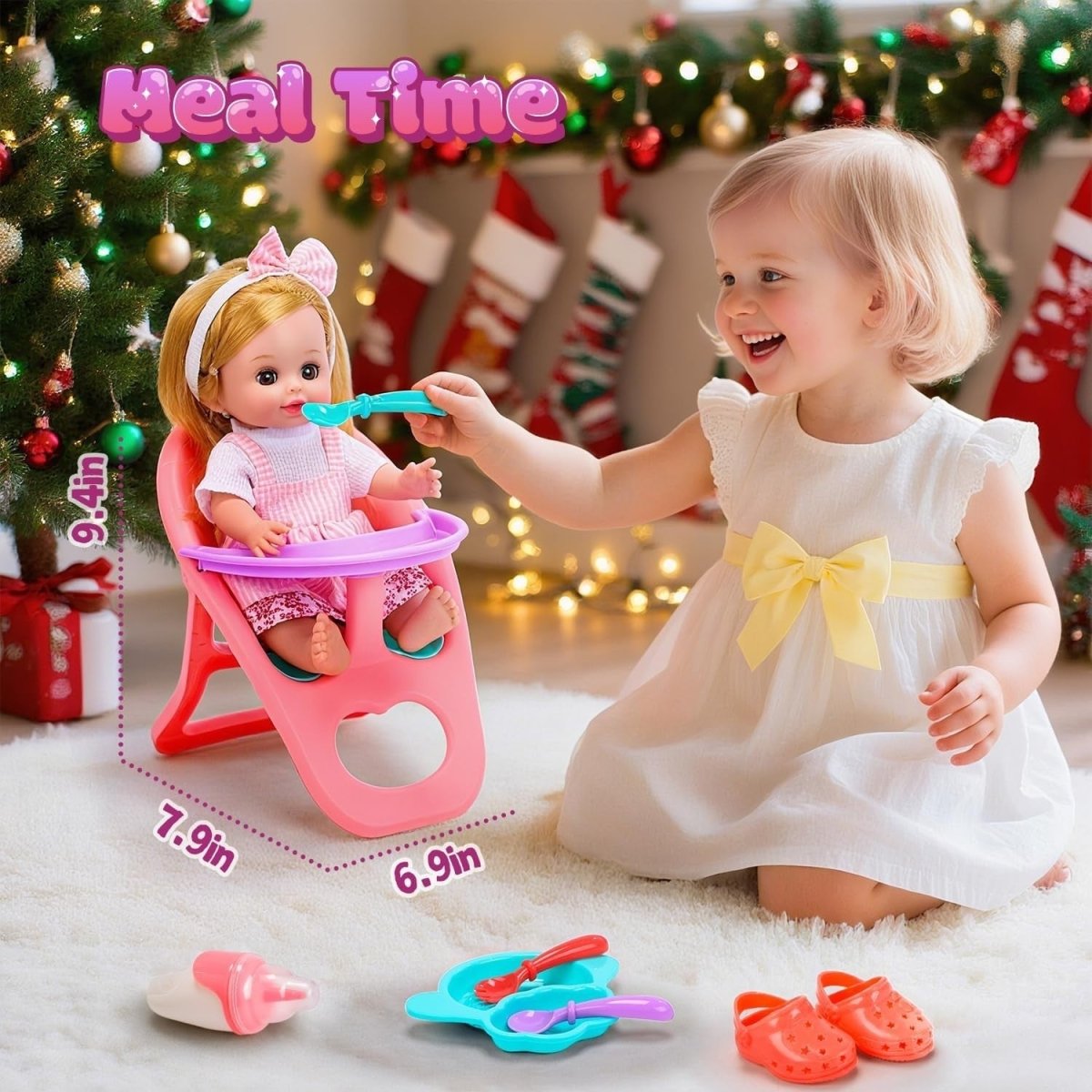 12 Inch Baby Doll Playset w Stroller High Chair Sounds Accessories - Kwikley