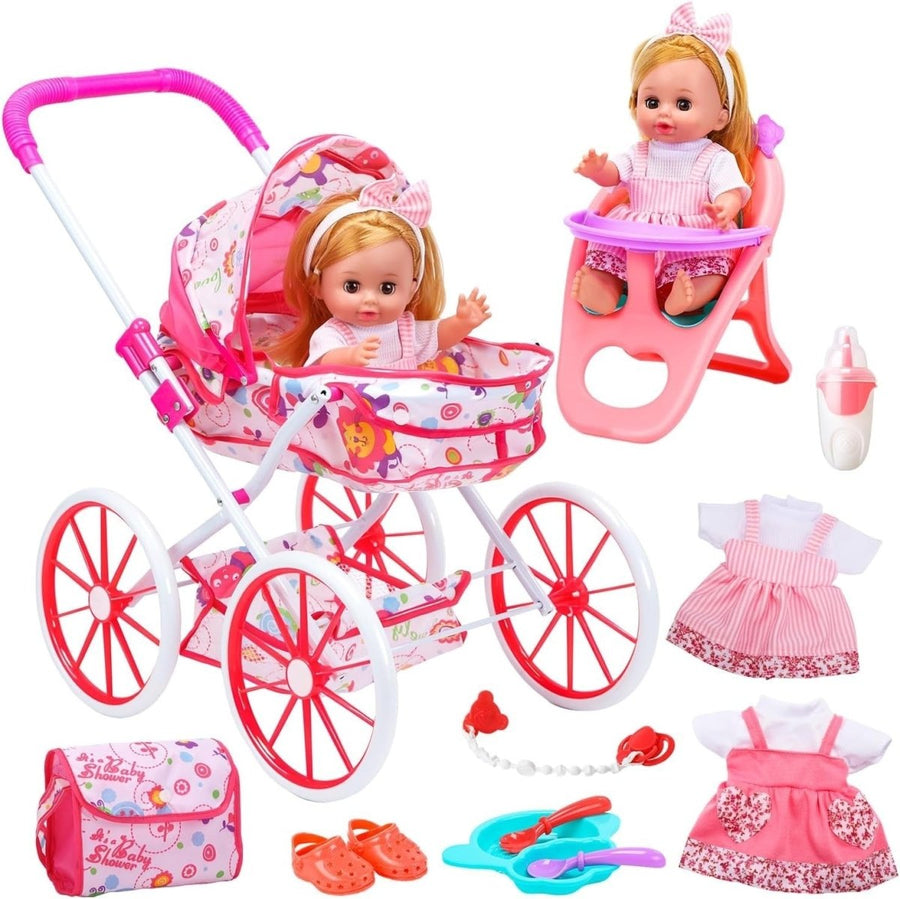 12 Inch Baby Doll Playset w Stroller High Chair Sounds Accessories - Kwikley