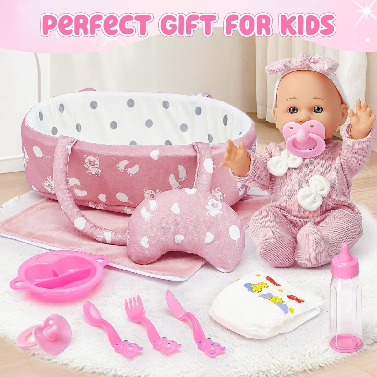 12 Inch Baby Doll Set w Carrier Bed Bottle Diaper Feeding Toys - Kwikley