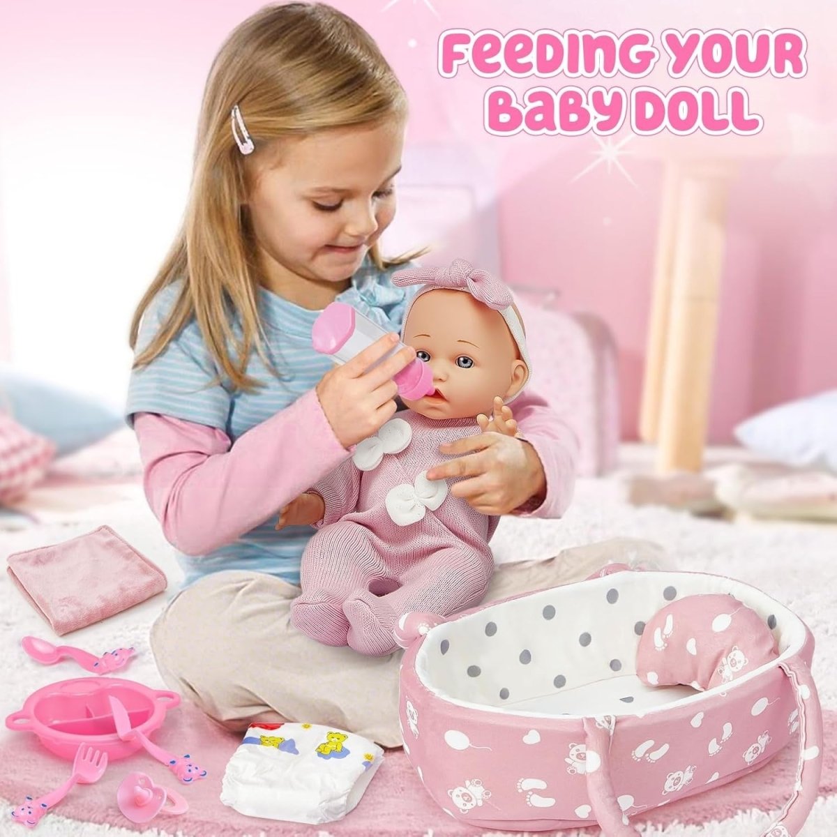 12 Inch Baby Doll Set w Carrier Bed Bottle Diaper Feeding Toys - Kwikley