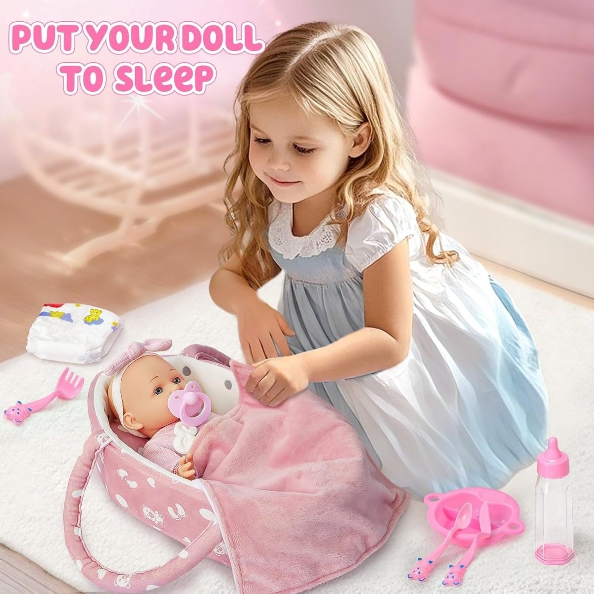 12 Inch Baby Doll Set w Carrier Bed Bottle Diaper Feeding Toys - Kwikley