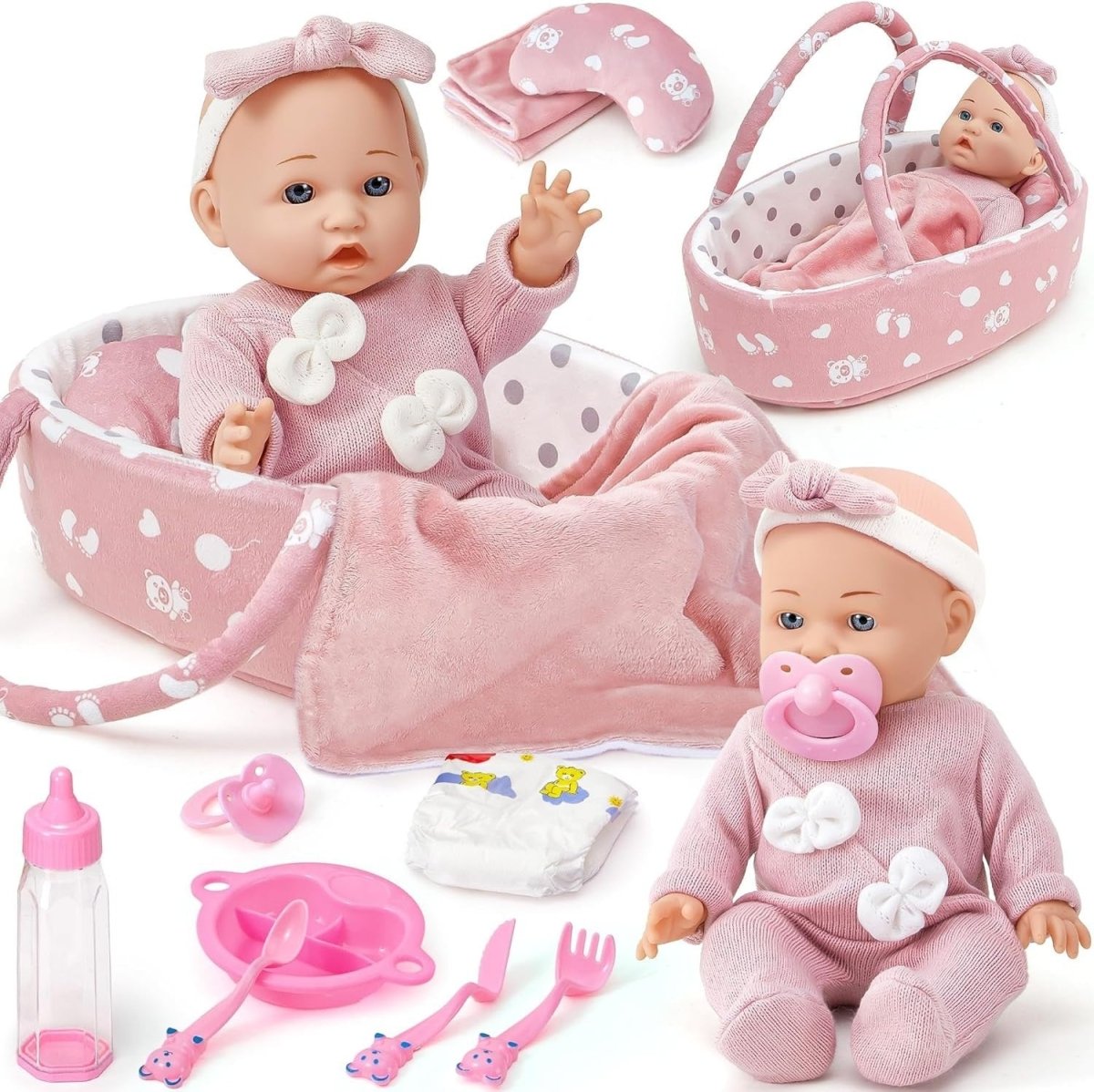 12 Inch Baby Doll Set w Carrier Bed Bottle Diaper Feeding Toys - Kwikley
