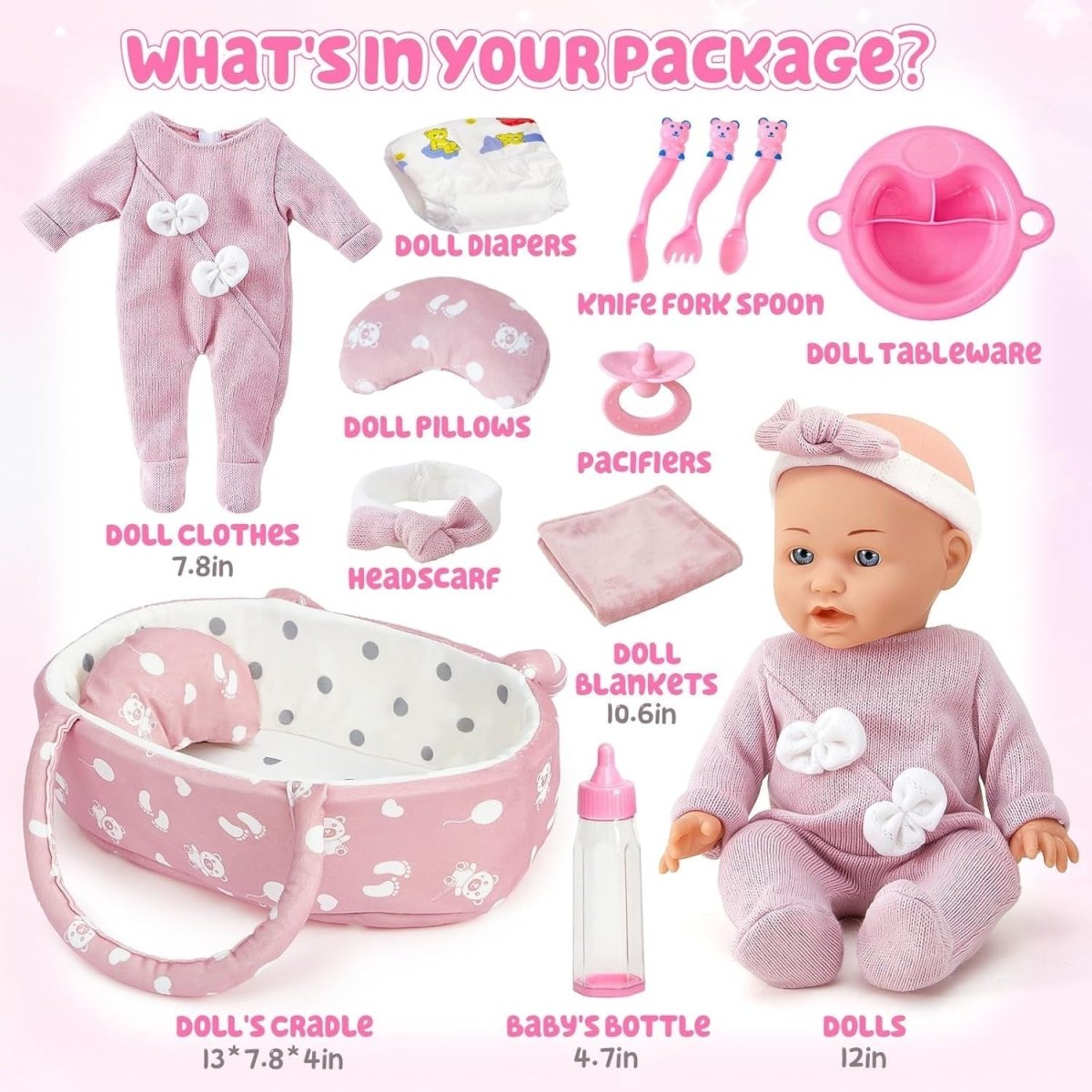 12 Inch Baby Doll Set w Carrier Bed Bottle Diaper Feeding Toys - Kwikley