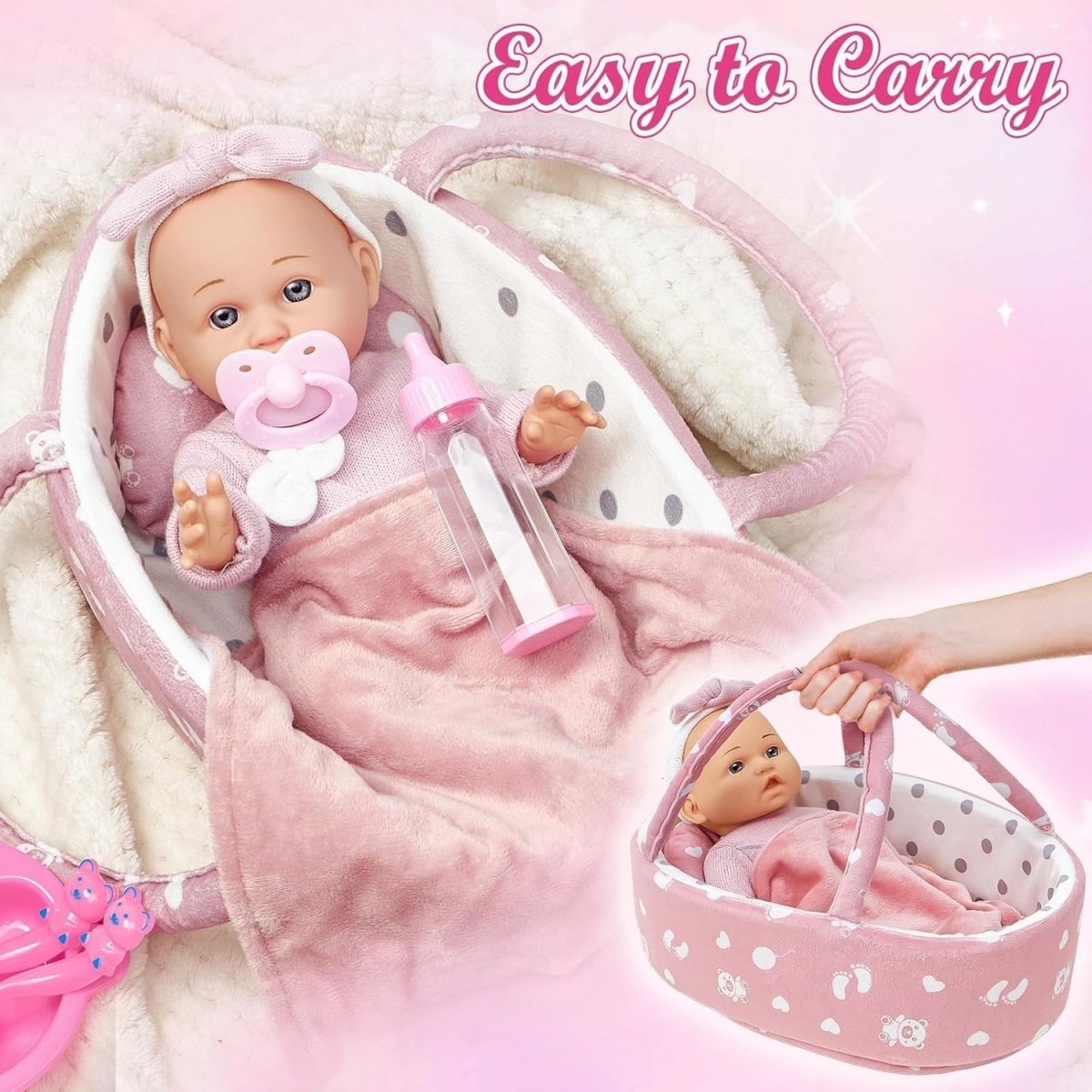 12 Inch Baby Doll Set w Carrier Bed Bottle Diaper Feeding Toys - Kwikley