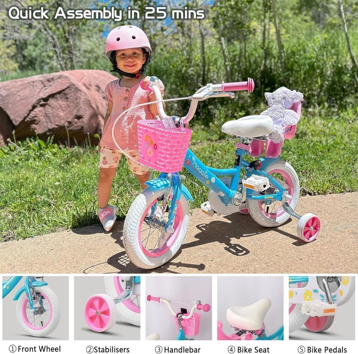 12 Inch Girls Bike Kids Bicycle Basket Doll Seat Stabilisers Blue Age 2-4 - Kwikley