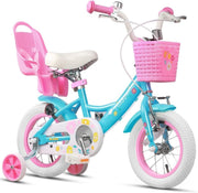 12 Inch Girls Bike Kids Bicycle Basket Doll Seat Stabilisers Blue Age 2-4 - Kwikley
