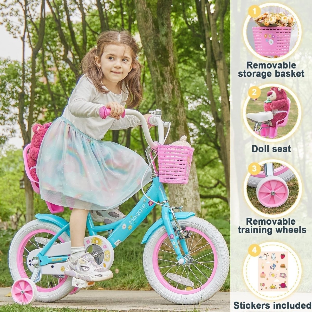 12 Inch Girls Bike Kids Bicycle Basket Doll Seat Stabilisers Blue Age 2-4 - Kwikley