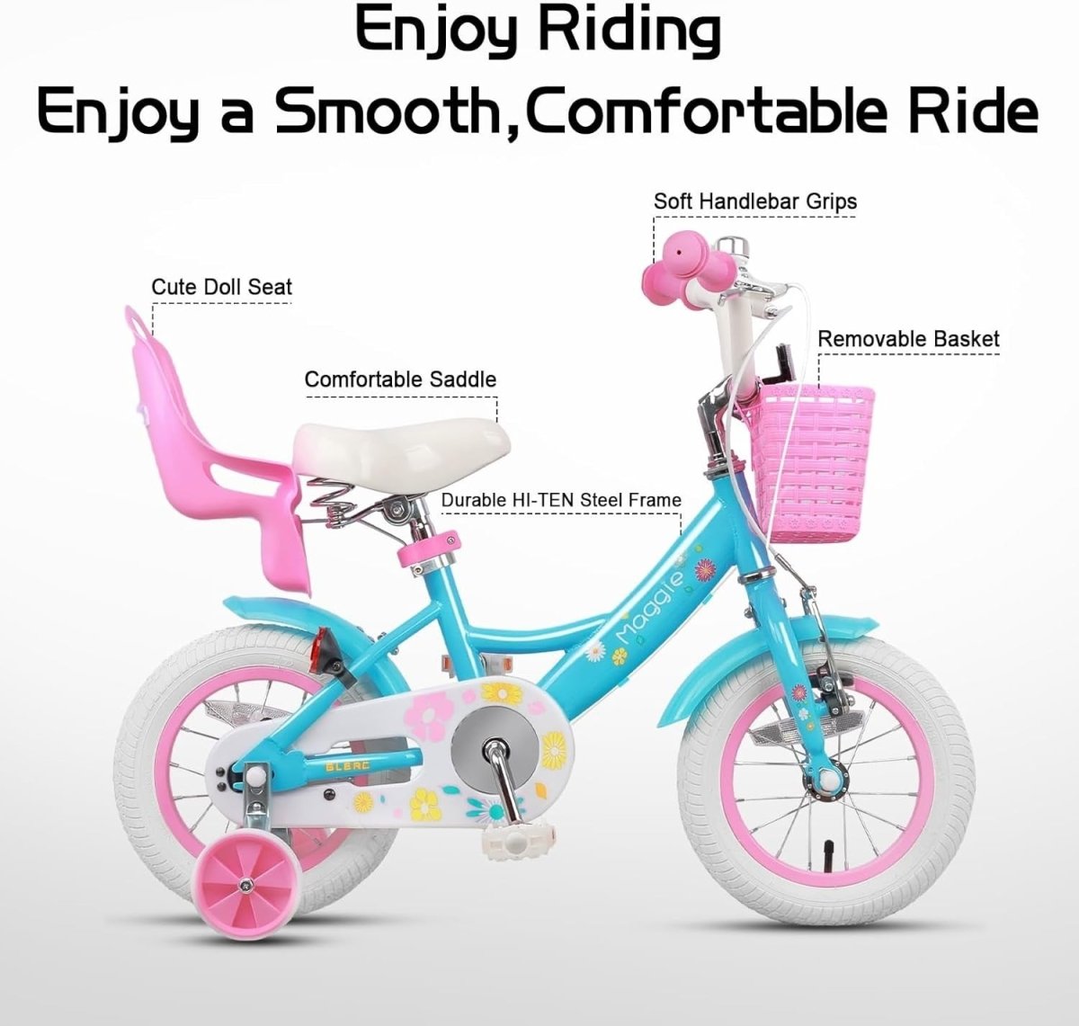 12 Inch Girls Bike Kids Bicycle Basket Doll Seat Stabilisers Blue Age 2-4 - Kwikley