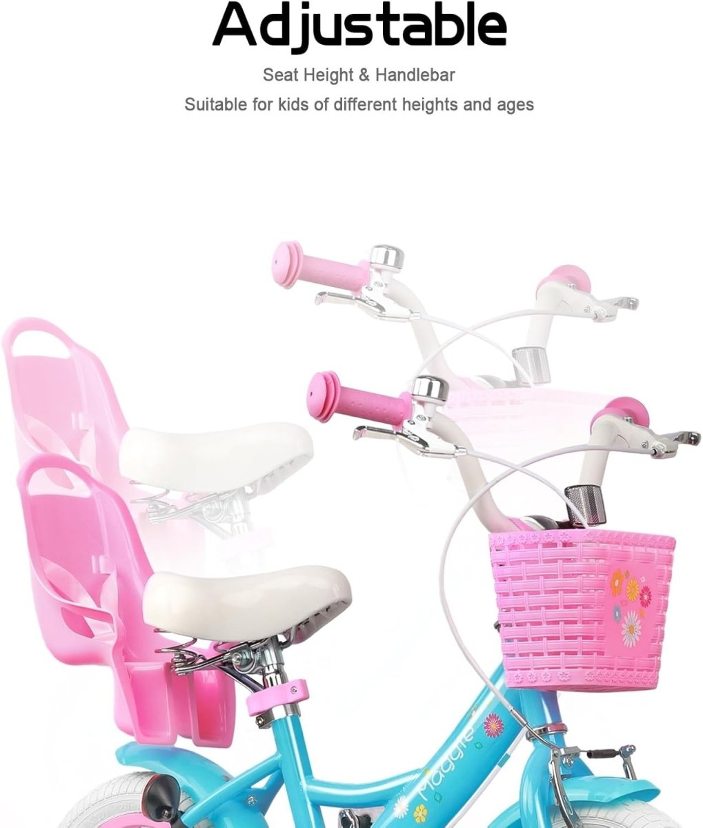 12 Inch Girls Bike Kids Bicycle Basket Doll Seat Stabilisers Blue Age 2-4 - Kwikley