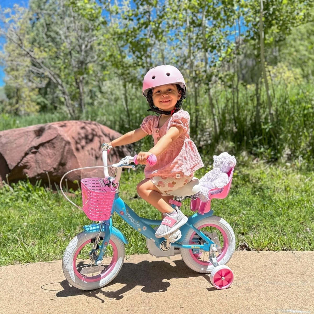 12 Inch Girls Bike Kids Bicycle Basket Doll Seat Stabilisers Blue Age 2-4 - Kwikley