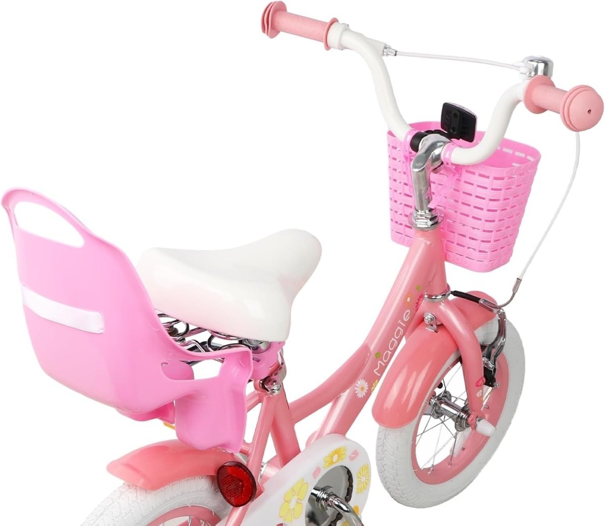 12 Inch Girls Bike Kids Bicycle Basket Doll Seat Stabilisers Pink White - Kwikley