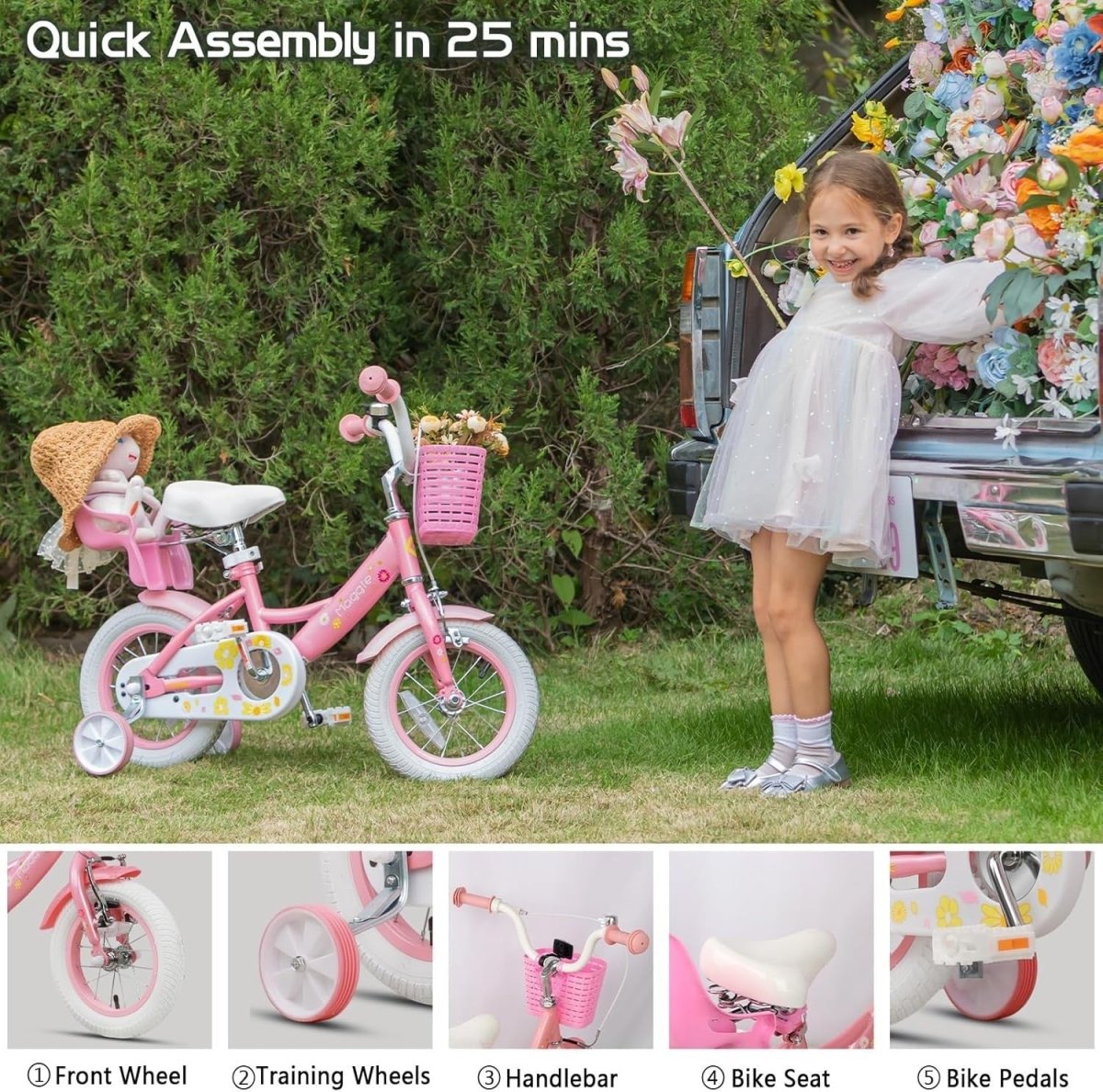 12 Inch Girls Bike Kids Bicycle Basket Doll Seat Stabilisers Pink White - Kwikley