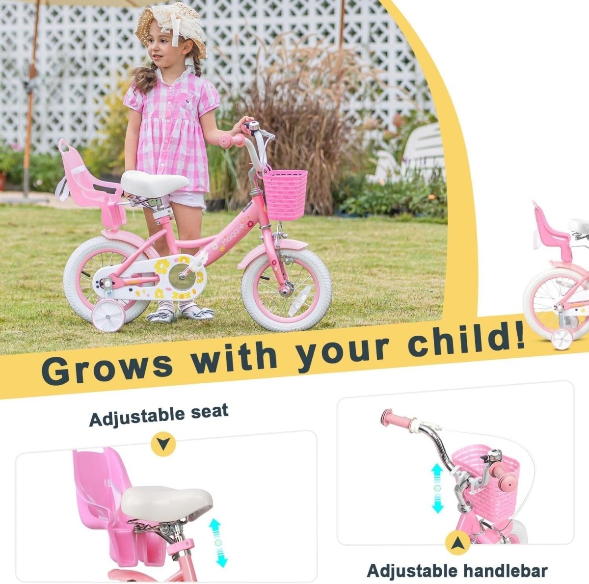 12 Inch Girls Bike Kids Bicycle Basket Doll Seat Stabilisers Pink White - Kwikley